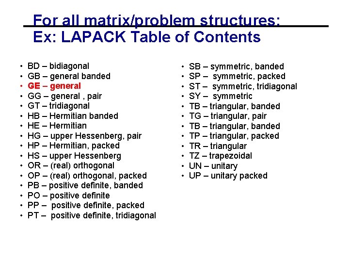 For all matrix/problem structures: Ex: LAPACK Table of Contents • • • • BD