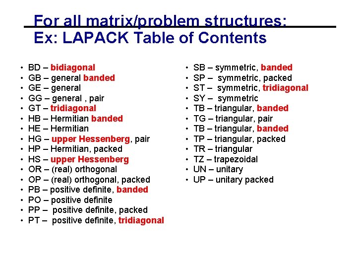 For all matrix/problem structures: Ex: LAPACK Table of Contents • • • • BD