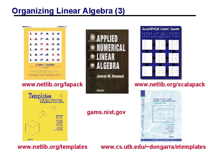 Organizing Linear Algebra (3) www. netlib. org/lapack www. netlib. org/scalapack gams. nist. gov www.