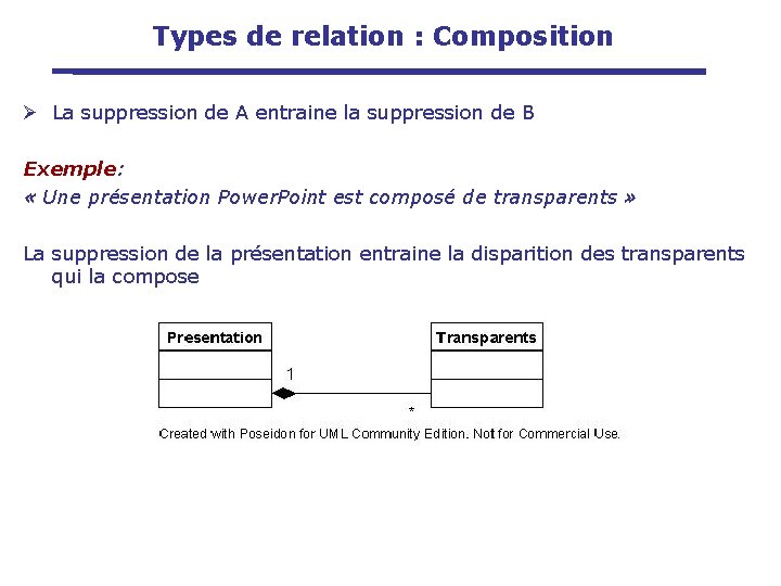 Types de relation : Composition Ø La suppression de A entraine la suppression de