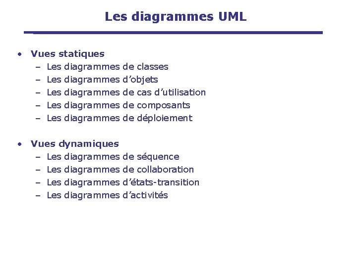 Les diagrammes UML • Vues statiques – Les diagrammes de classes – Les diagrammes