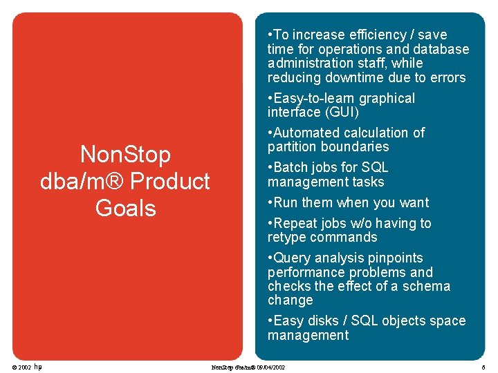 Non. Stop dba/m® Product Goals © 2002 • To increase efficiency / save time Non. Stop dba/m® Product Goals © 2002 • To increase efficiency / save time