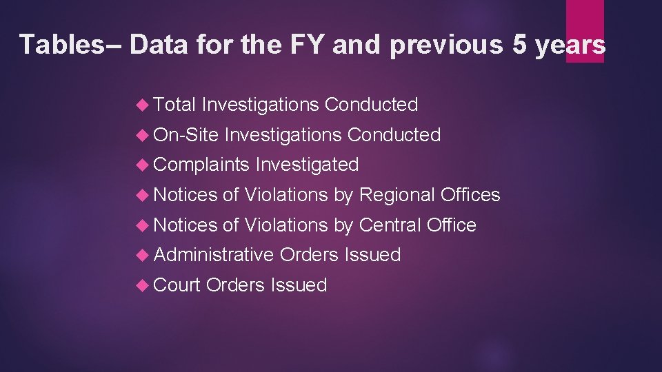 Tables– Data for the FY and previous 5 years Total Investigations Conducted On-Site Investigations