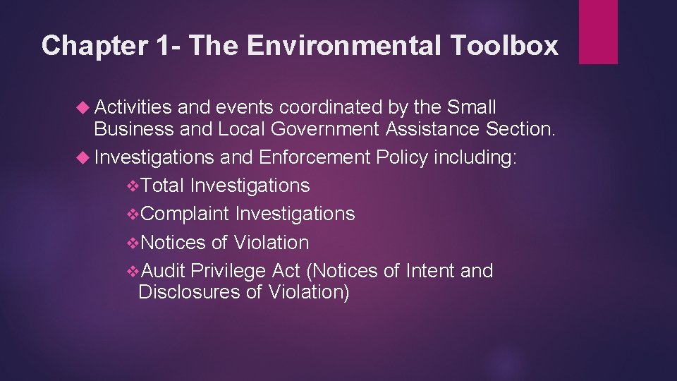 Chapter 1 - The Environmental Toolbox Activities and events coordinated by the Small Business