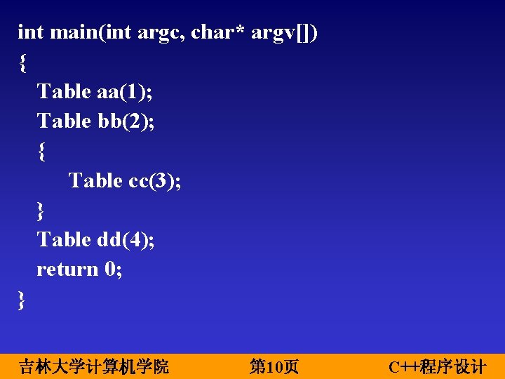 int main(int argc, char* argv[]) { Table aa(1); Table bb(2); { Table cc(3); }