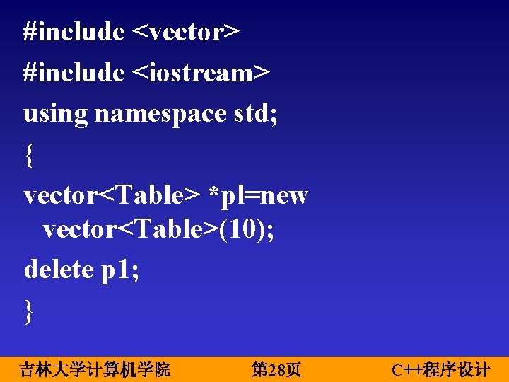 #include <vector> #include <iostream> using namespace std; { vector<Table> *pl=new vector<Table>(10); delete p 1;