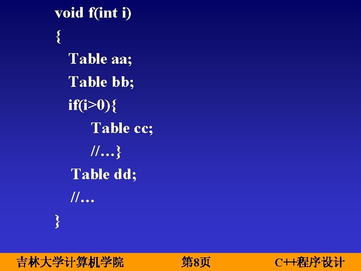 void f(int i) { Table aa; Table bb; if(i>0){ Table cc; //…} Table dd; void f(int i) { Table aa; Table bb; if(i>0){ Table cc; //…} Table dd;