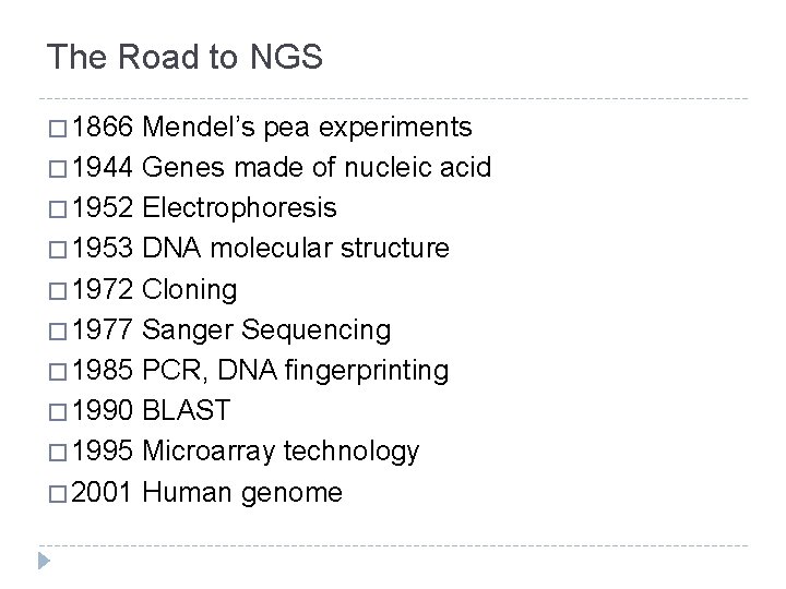 The Road to NGS � 1866 Mendel’s pea experiments � 1944 Genes made of