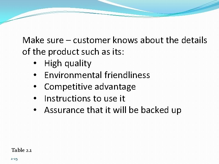 Make sure – customer knows about the details of the product such as its: