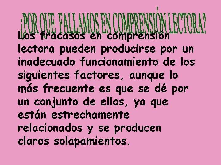 Los fracasos en comprensión lectora pueden producirse por un inadecuado funcionamiento de los siguientes