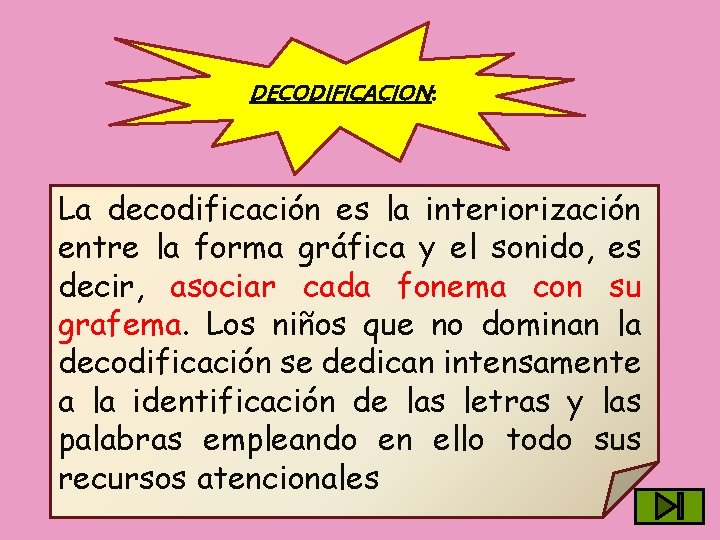 DECODIFICACION: La decodificación es la interiorización entre la forma gráfica y el sonido, es