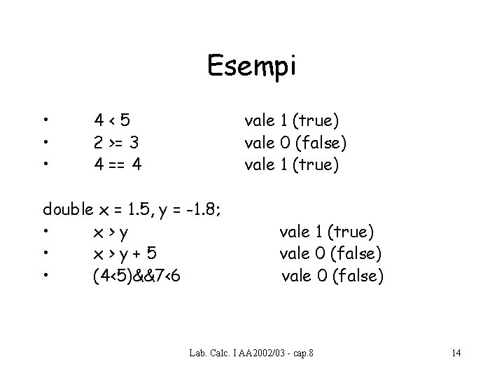 Esempi • • • 4<5 2 >= 3 4 == 4 vale 1 (true) Esempi • • • 4<5 2 >= 3 4 == 4 vale 1 (true)