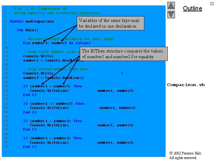 1 ' Fig. 3. 19: Comparison. vb 2 ' Using equality and relational operators. 1 ' Fig. 3. 19: Comparison. vb 2 ' Using equality and relational operators.