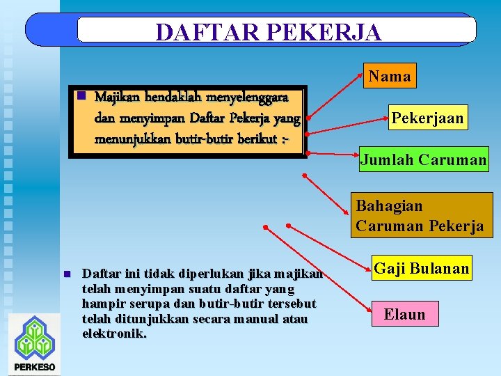 DAFTAR PEKERJA Nama n Majikan hendaklah menyelenggara dan menyimpan Daftar Pekerja yang menunjukkan butir-butir