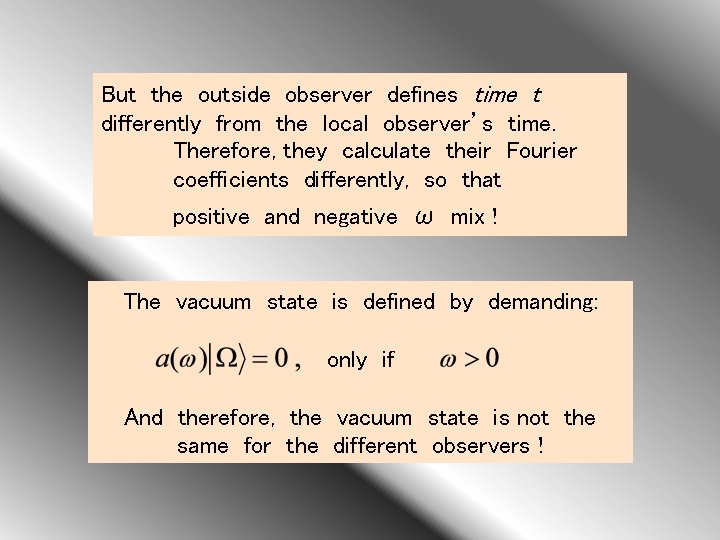 But the outside observer defines time t differently from the local observer’s time. Therefore,