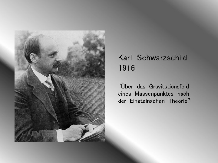 Karl Schwarzschild 1916 “Über das Gravitationsfeld eines Massenpunktes nach der Einsteinschen Theorie” 