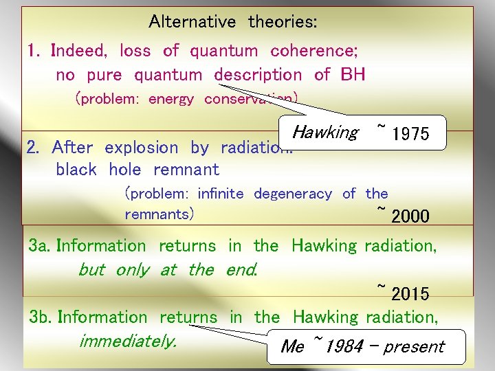 Alternative theories: 1. Indeed, loss of quantum coherence; no pure quantum description of BH