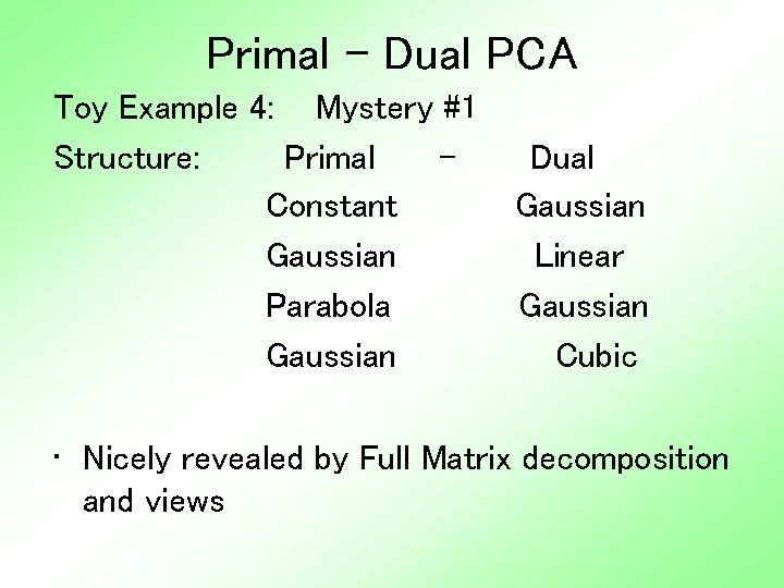 Primal - Dual PCA Toy Example 4: Mystery #1 Structure: Primal Constant Gaussian Parabola