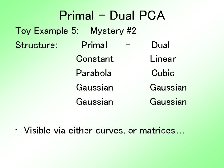 Primal - Dual PCA Toy Example 5: Mystery #2 Structure: Primal Constant Parabola Gaussian