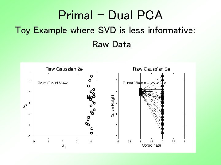 Primal - Dual PCA Toy Example where SVD is less informative: Raw Data 