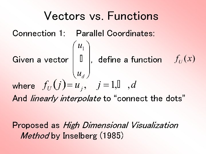 Vectors vs. Functions Connection 1: Given a vector Parallel Coordinates: , define a function