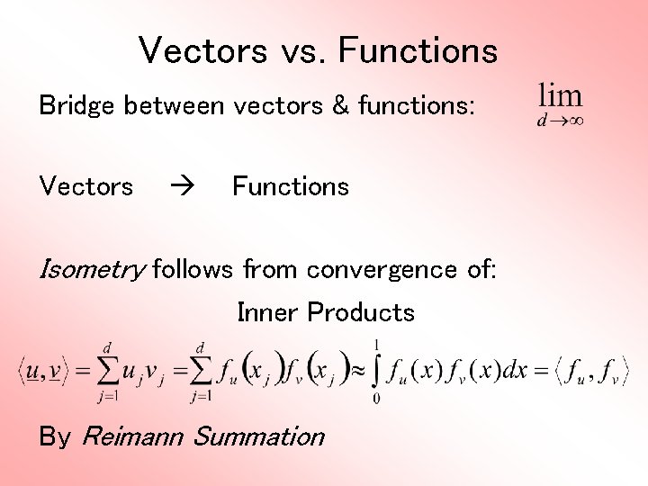 Vectors vs. Functions Bridge between vectors & functions: Vectors Functions Isometry follows from convergence