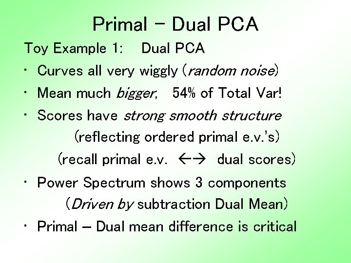 Primal - Dual PCA Toy Example 1: Dual PCA • Curves all very wiggly