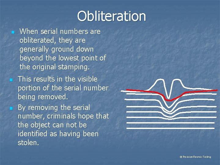 Obliteration n When serial numbers are obliterated, they are generally ground down beyond the