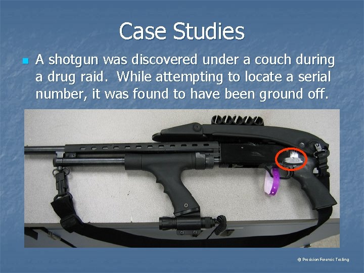 Case Studies n A shotgun was discovered under a couch during a drug raid.