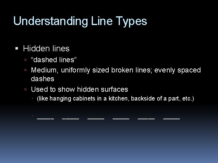 Understanding Line Types Hidden lines “dashed lines” Medium, uniformly sized broken lines; evenly spaced