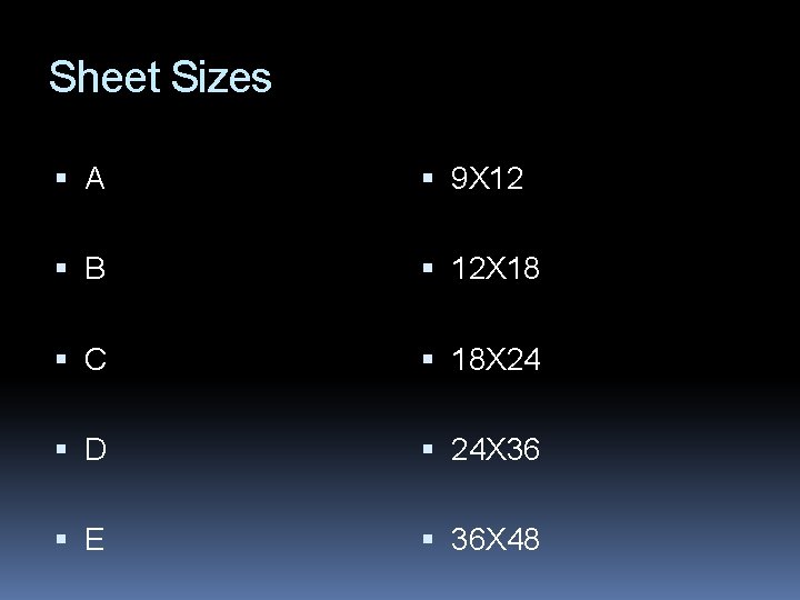 Sheet Sizes A 9 X 12 B 12 X 18 C 18 X 24