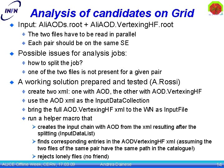 Analysis of candidates on Grid Input: Ali. AODs. root + Ali. AOD. Vertexing. HF.
