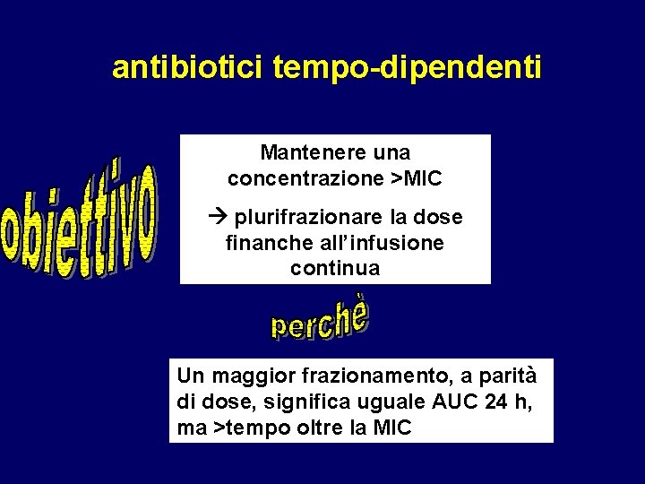 antibiotici tempo-dipendenti Mantenere una concentrazione >MIC plurifrazionare la dose finanche all’infusione continua Un maggior