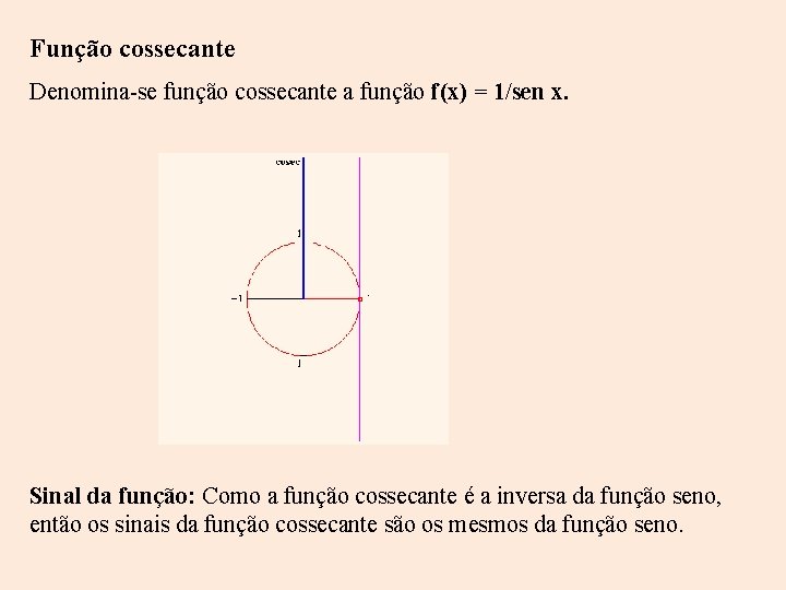 Função cossecante Denomina-se função cossecante a função f(x) = 1/sen x. Sinal da função: