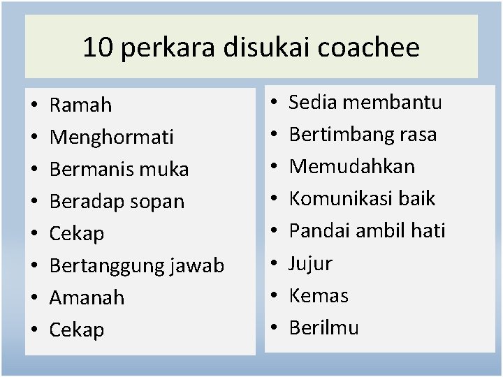 10 perkara disukai coachee • • Ramah Menghormati Bermanis muka Beradap sopan Cekap Bertanggung