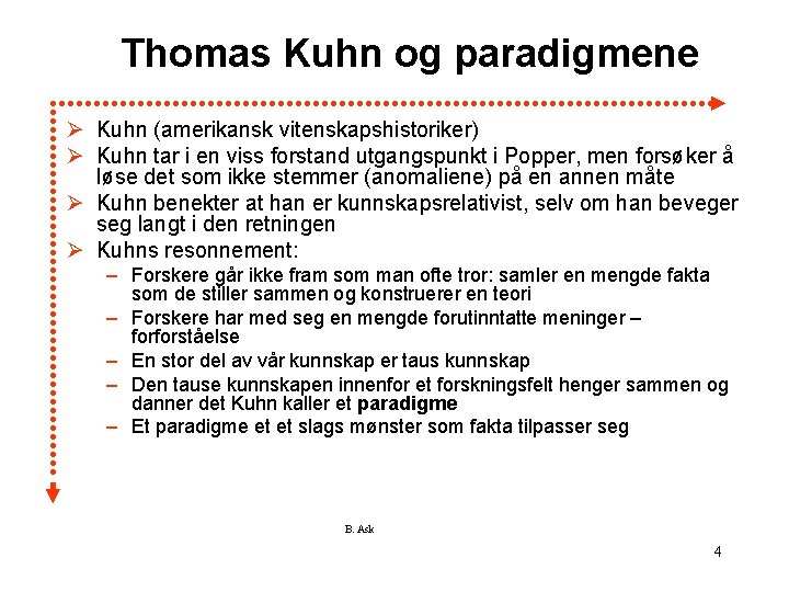 Thomas Kuhn og paradigmene Ø Kuhn (amerikansk vitenskapshistoriker) Ø Kuhn tar i en viss