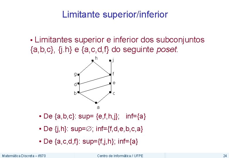 Limitante superior/inferior • Limitantes superior e inferior dos subconjuntos {a, b, c}, {j. h}