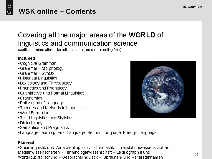 WSK online – Contents Covering all the major areas of the WORLD of linguistics