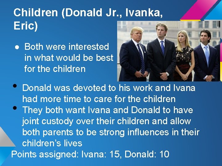 Children (Donald Jr. , Ivanka, Eric) ● Both were interested in what would be