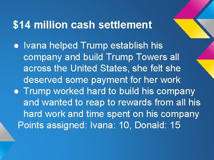 $14 million cash settlement ● Ivana helped Trump establish his company and build Trump