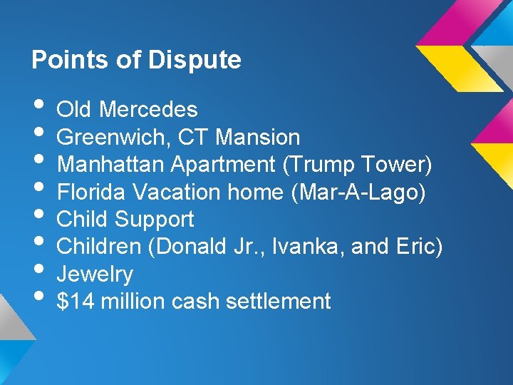 Points of Dispute • Old Mercedes • Greenwich, CT Mansion • Manhattan Apartment (Trump