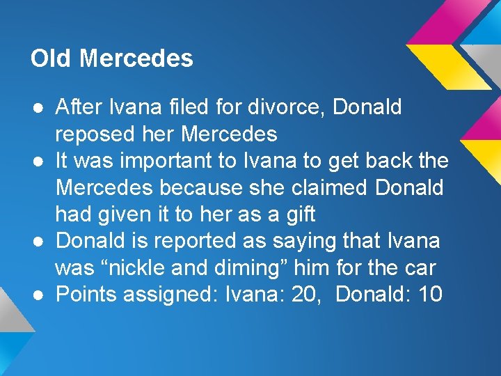Old Mercedes ● After Ivana filed for divorce, Donald reposed her Mercedes ● It