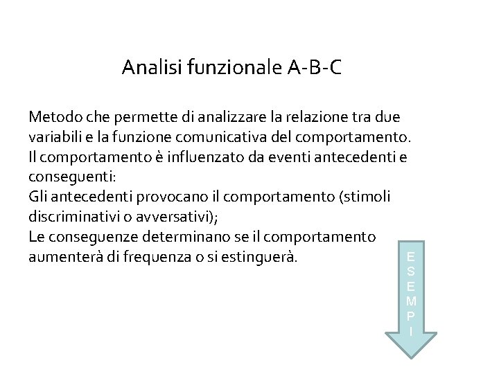 Analisi funzionale A-B-C Metodo che permette di analizzare la relazione tra due variabili e