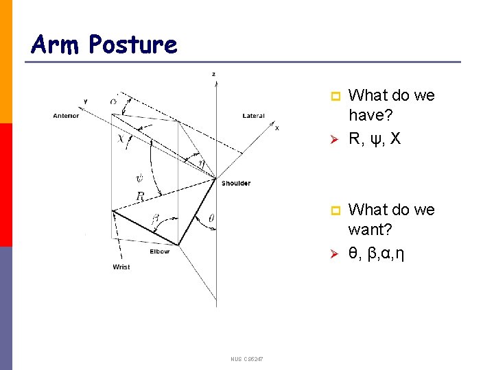 Arm Posture p Ø NUS CS 5247 What do we have? R, ψ, X