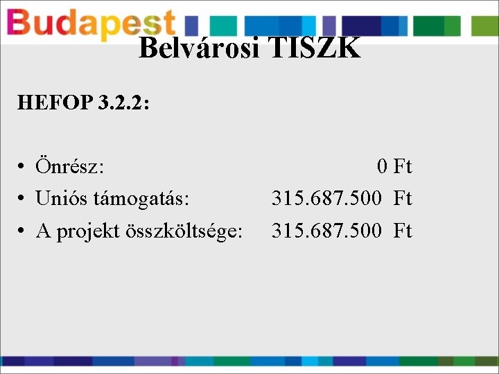 Belvárosi TISZK HEFOP 3. 2. 2: • Önrész: • Uniós támogatás: • A projekt