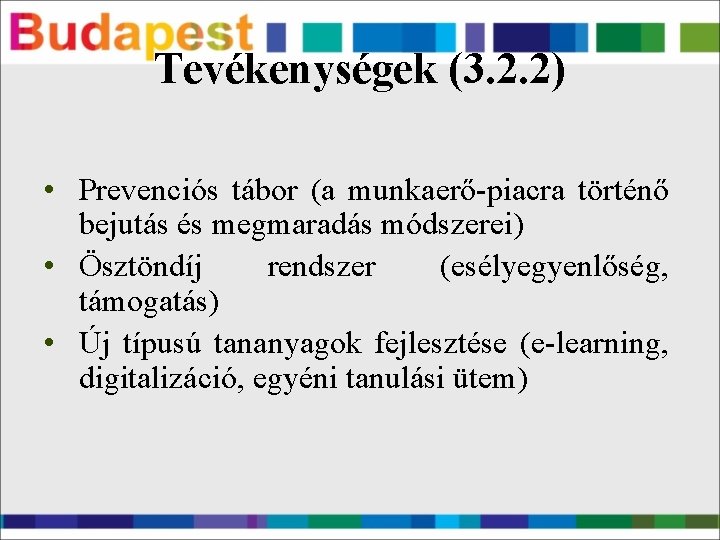 Tevékenységek (3. 2. 2) • Prevenciós tábor (a munkaerő-piacra történő bejutás és megmaradás módszerei)