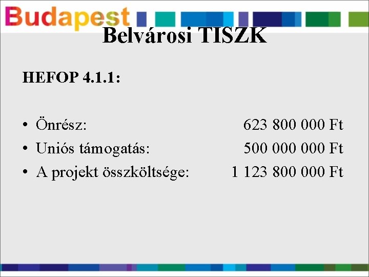 Belvárosi TISZK HEFOP 4. 1. 1: • Önrész: • Uniós támogatás: • A projekt
