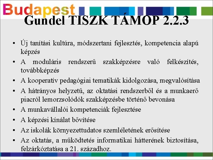 Gundel TISZK TÁMOP 2. 2. 3 • Új tanítási kultúra, módszertani fejlesztés, kompetencia alapú