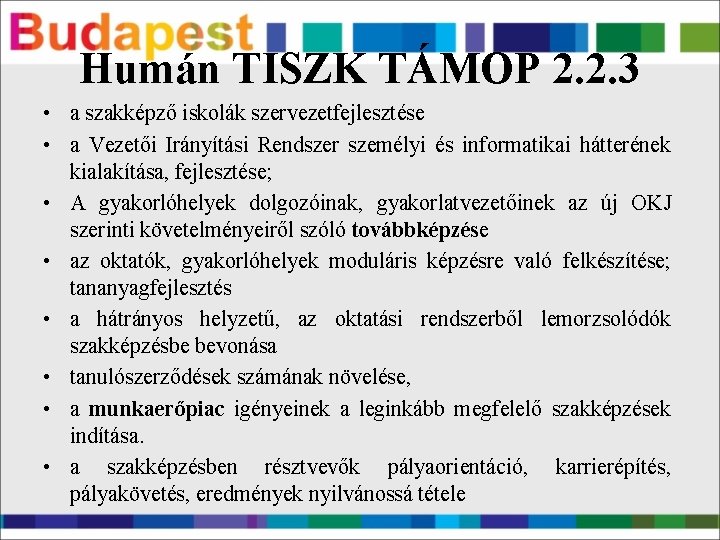 Humán TISZK TÁMOP 2. 2. 3 • a szakképző iskolák szervezetfejlesztése • a Vezetői