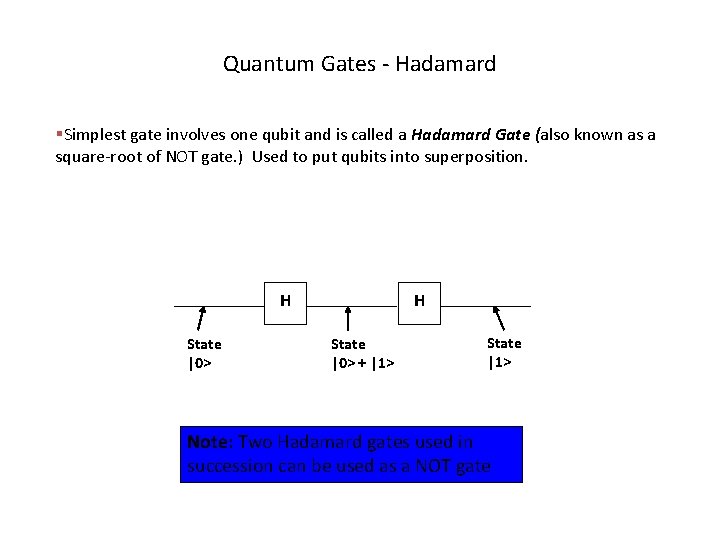 Quantum Gates - Hadamard §Simplest gate involves one qubit and is called a Hadamard
